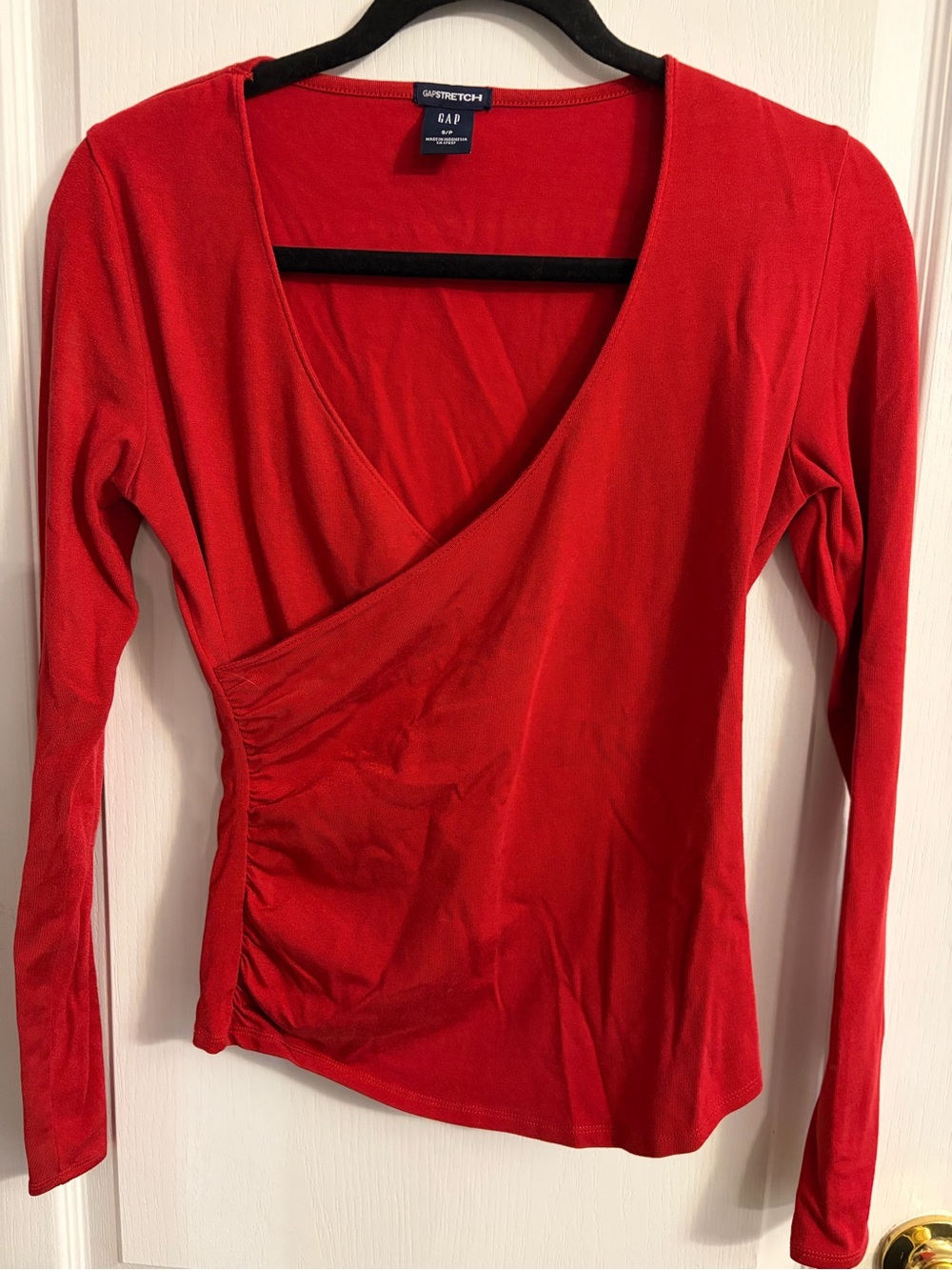 GAP Red Faux Wrap-Style Long Sleeve V-Neck Top